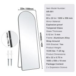 Kaareva kokovartalopeili 1650×558 mm karkaistu lasi alumiinikehys telineellä musta