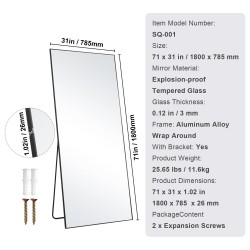 Koko vartalon lattiapeili 1800 x 785 mm karkaistu lasi alumiinikehys musta jalustalla
