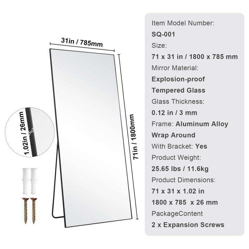 Koko vartalon lattiapeili 1800 x 785 mm karkaistu lasi alumiinikehys musta jalustalla