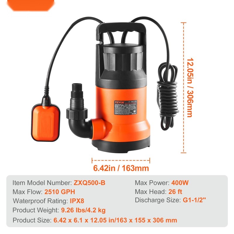 Upotettava yleispumppu 400 W 9500 l/h 7,9 m nostokorkeus nailon ja lasikuitu