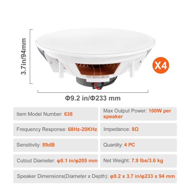 Upotettavat 8-tuumaiset kattokaiuttimet 4 kpl 100 watin teho