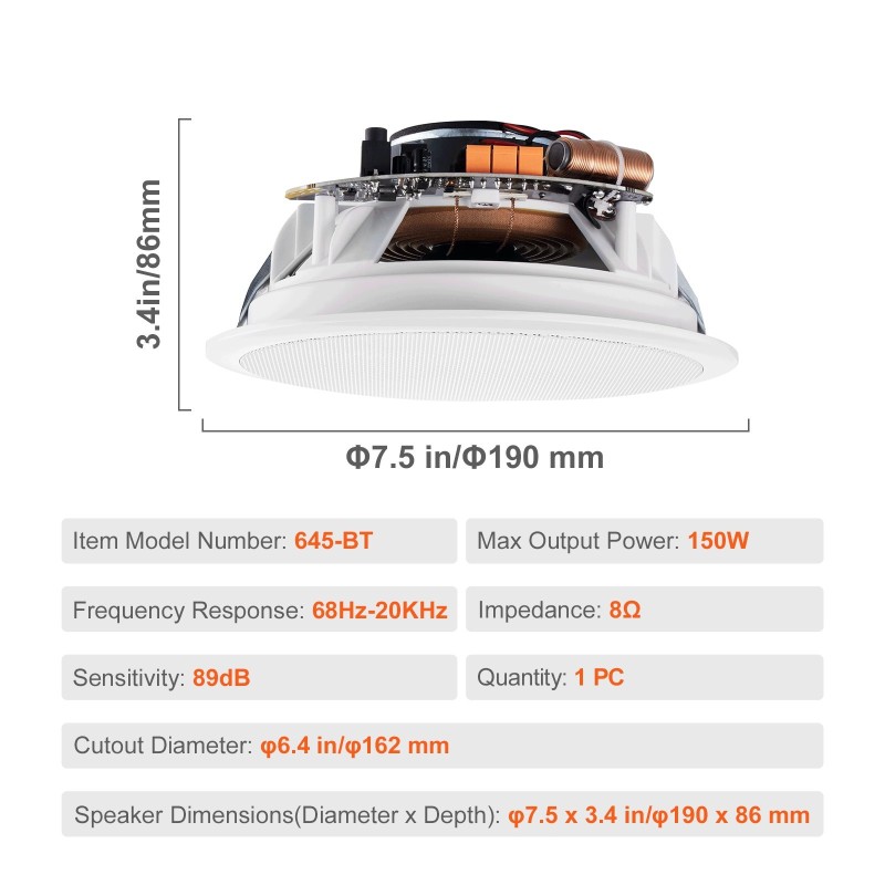 Katto- ja seinäasennettava kaiutin 6,5-tuumainen langaton Bluetooth 150W 8Ω 89dB