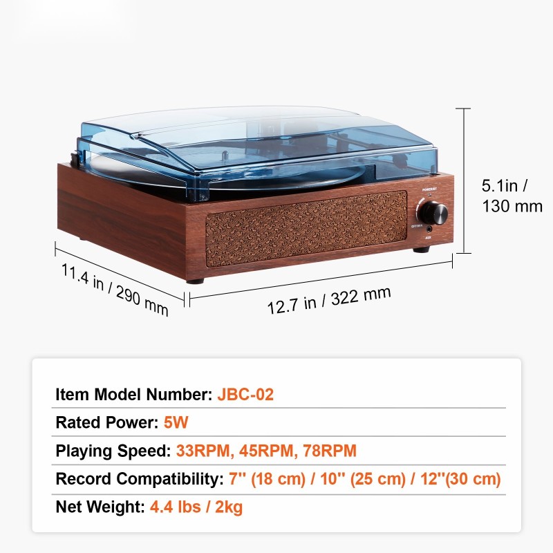 Levysoitin hihnavetoinen 3-nopeuksinen 7/10/12 tuuman vinyyleille sisäänrakennetut stereokaiuttimet