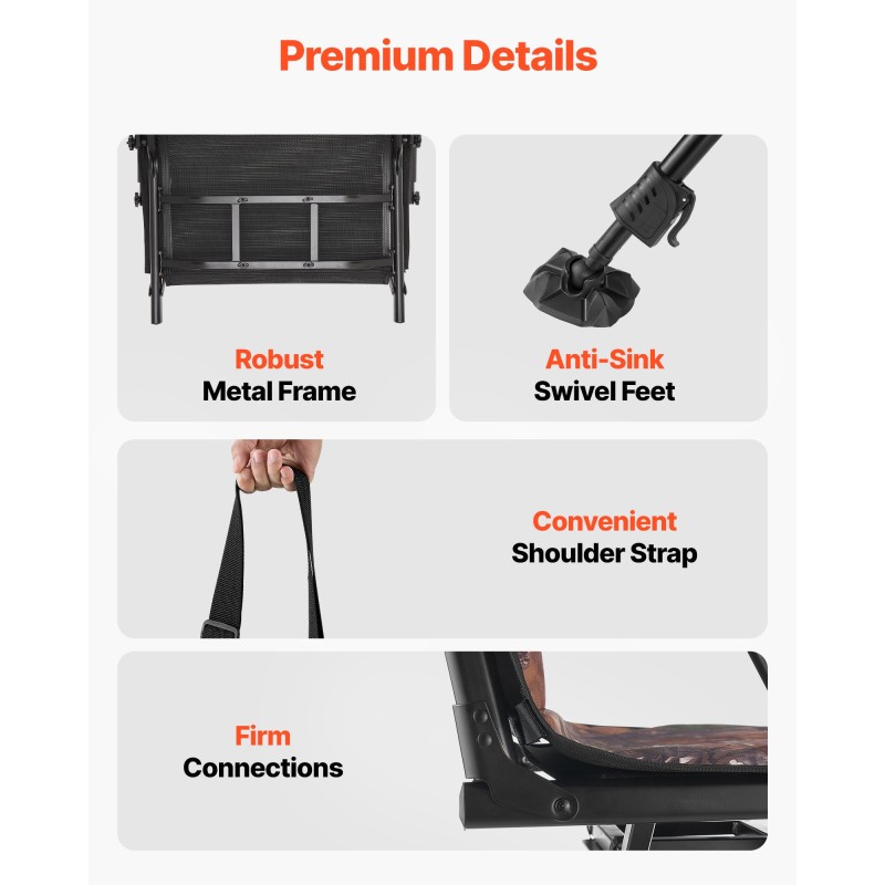 Metsästystuoli teräsrunko täyskääntyvä hiljainen taitettava korkeussäädettävä sataviisikymmentäkahdeksan kilogramman kantavuus