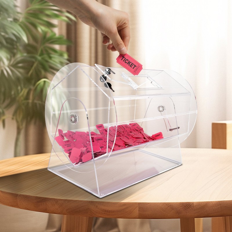 Akryylinen läpinäkyvä arpakuvarumpu kymmenentuhatta arpaa tai kolmesataa arpakuulaa lukittavalla ovella