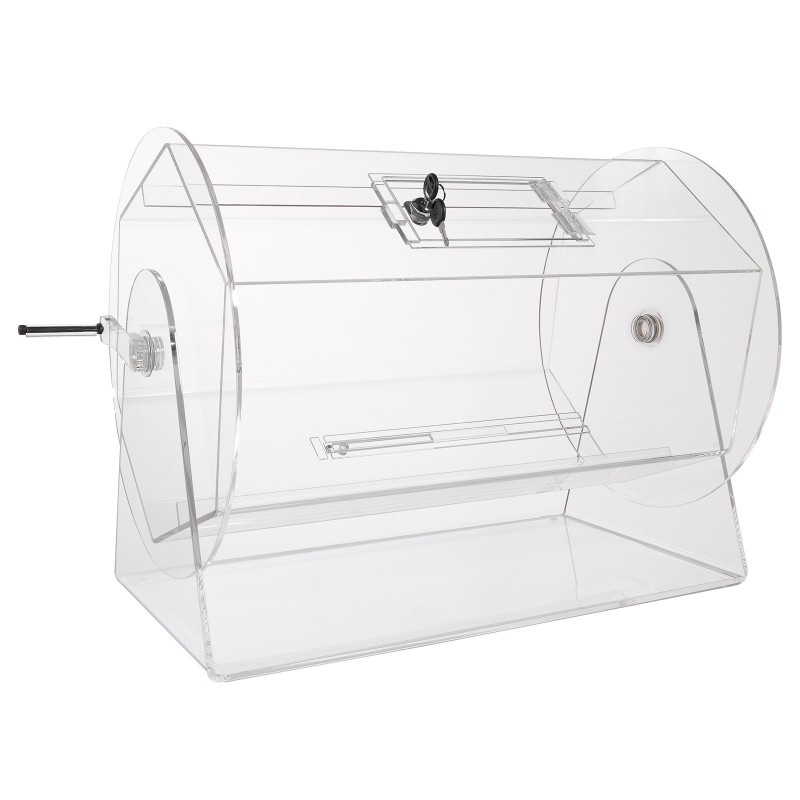 Akryylinen läpinäkyvä arpakuvarumpu kymmenentuhatta arpaa tai kolmesataa arpakuulaa lukittavalla ovella