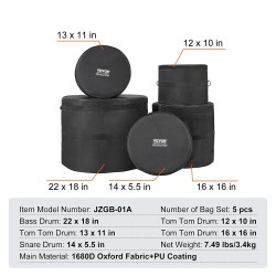 Rumpulaukkusetti 5-osainen 1680D Oxford-kangas PU-pinnoite pehmustetut laukut sisältää tomit ja virvelin