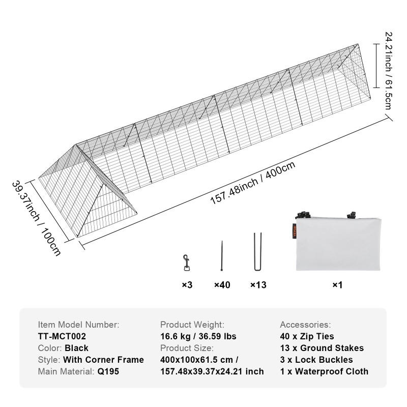 Kana- ja pieneläintunneli teräsrunko 400×100×61,5 cm kulmakehyksellä
