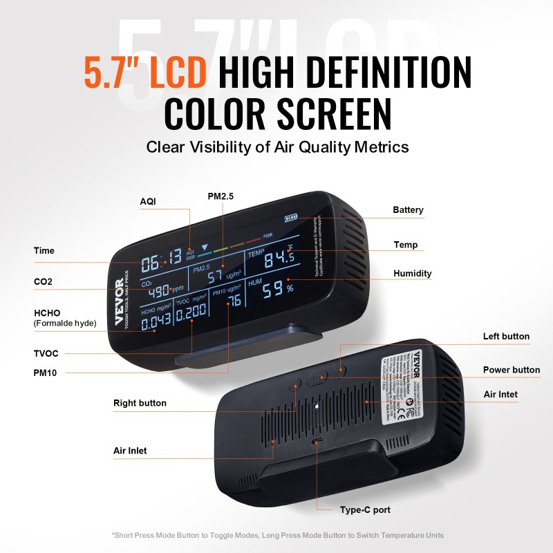 Ilmanlaadun mittari ABS-muovinen 5,7 tuuman näytöllä 9-toimintoinen sisä- ja ulkokäyttöön