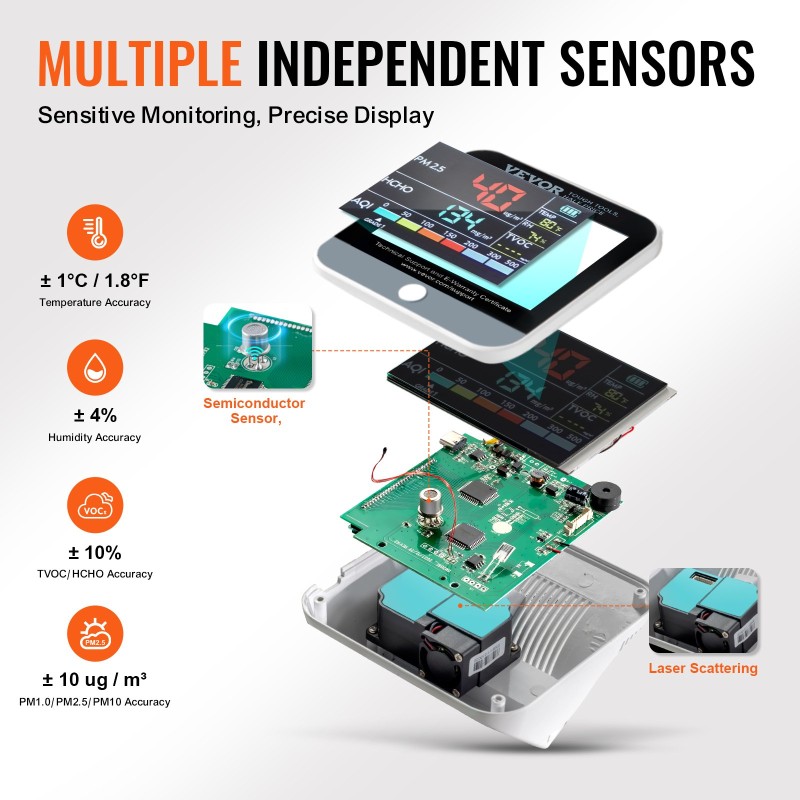 Ilmanlaadun mittari ABS-muovi 100×78×78 mm ladattava kahdeksantoimintoinen PM2.5 PM10 PM1.0 HCHO TVOC