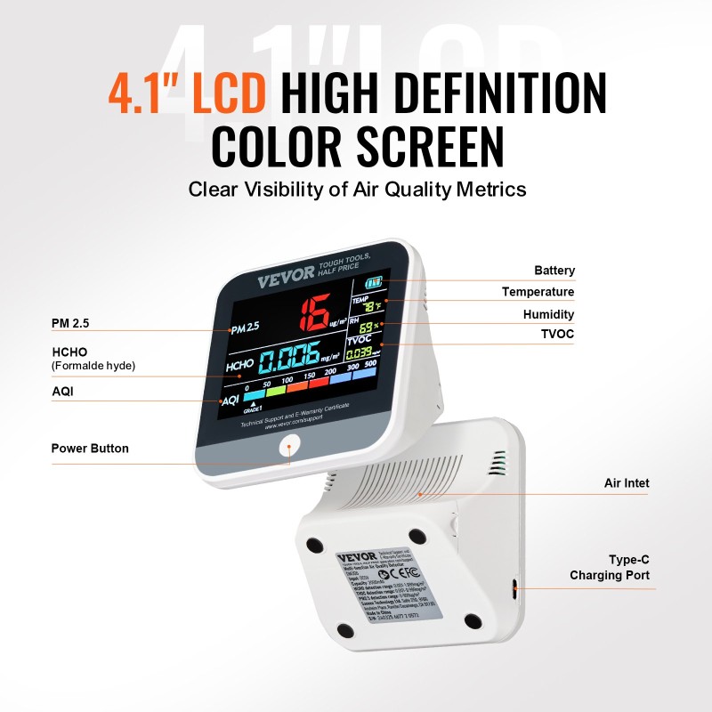 Ilmanlaadun mittari ABS-muovi 100×78×78 mm ladattava kahdeksantoimintoinen PM2.5 PM10 PM1.0 HCHO TVOC