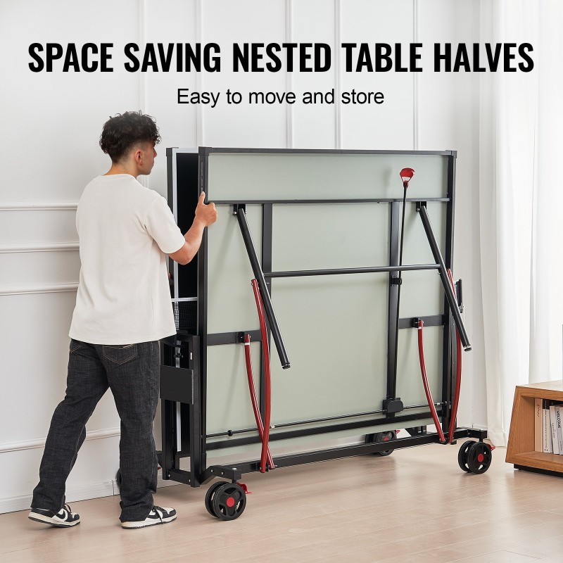 Pöytätennispöytä alumiinimuovilevy UV-pinnoite täysikokoinen jaettava kahteen puolikkaaseen lukittavat pyörät kymmenen minuutin