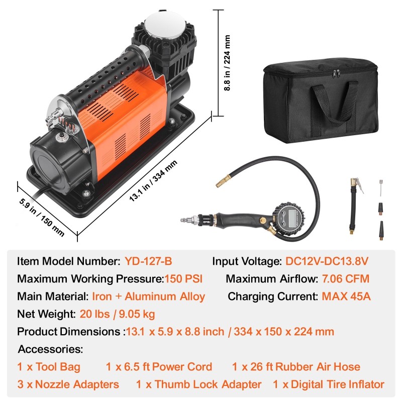Ilmakompressori 12V raskaan käytön kannettava renkaiden täyttöön digitaalinen painemittari