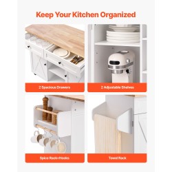 Keittiösaareke täyspuisella työtasolla 132 senttimetriä leveä valkoinen runko laatikoilla kääntyvillä pyörillä