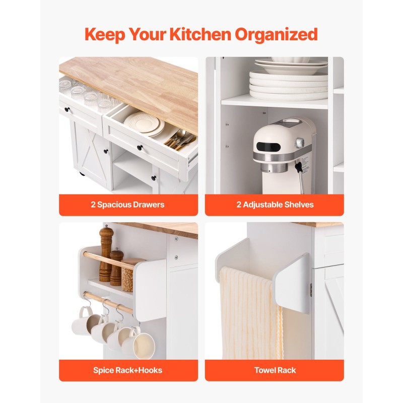 Keittiösaareke täyspuisella työtasolla 132 senttimetriä leveä valkoinen runko laatikoilla kääntyvillä pyörillä