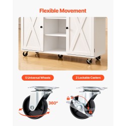 Keittiösaareke täyspuisella työtasolla 132 senttimetriä leveä valkoinen runko laatikoilla kääntyvillä pyörillä