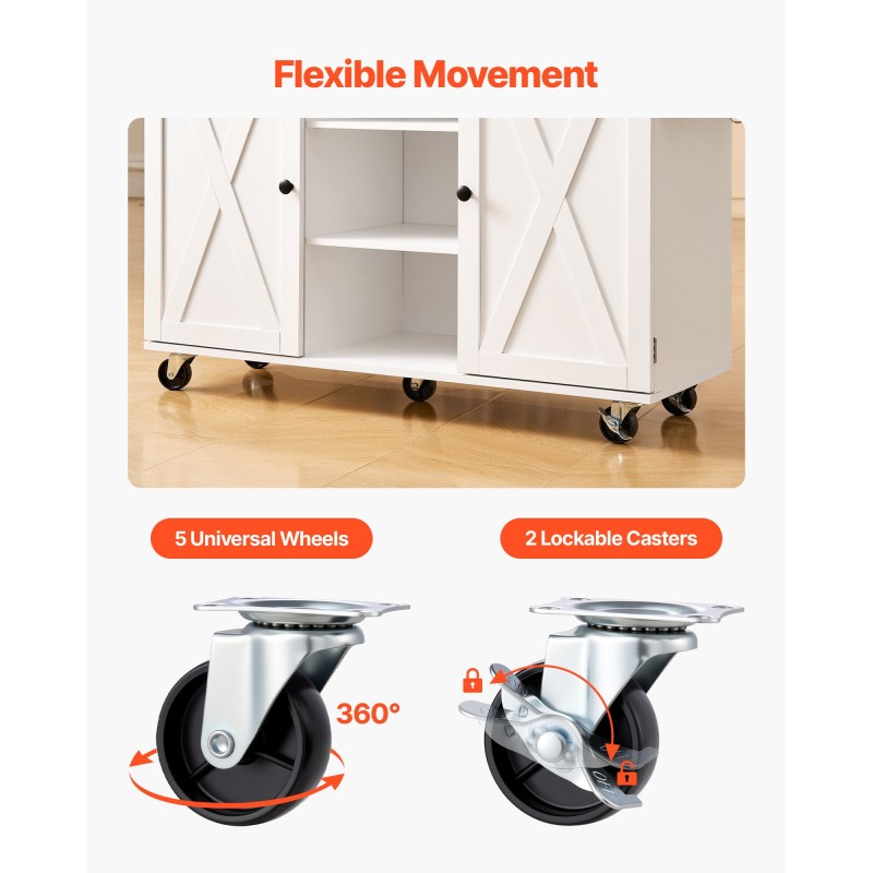 Keittiösaareke täyspuisella työtasolla 132 senttimetriä leveä valkoinen runko laatikoilla kääntyvillä pyörillä