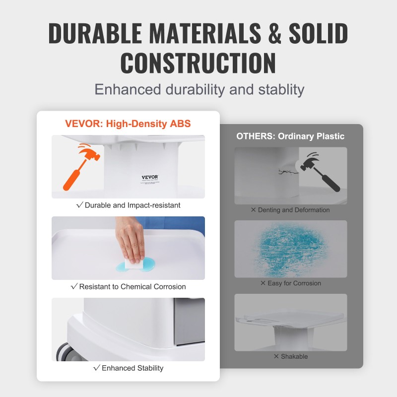Laboratoriovaunu nelitasoinen ABS-muovinen kolmella vetolaatikolla neljällä pyörällä valkoinen