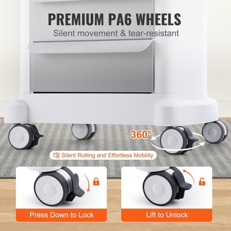 Laboratoriovaunu nelitasoinen ABS-muovinen kolmella vetolaatikolla neljällä pyörällä valkoinen