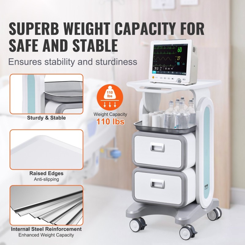 Laboratoriokärry ABS-muovinen kolmitasoinen 2 laatikkoa 4 hiljaista pyörää 2 jarrullista pyörää valkoinen