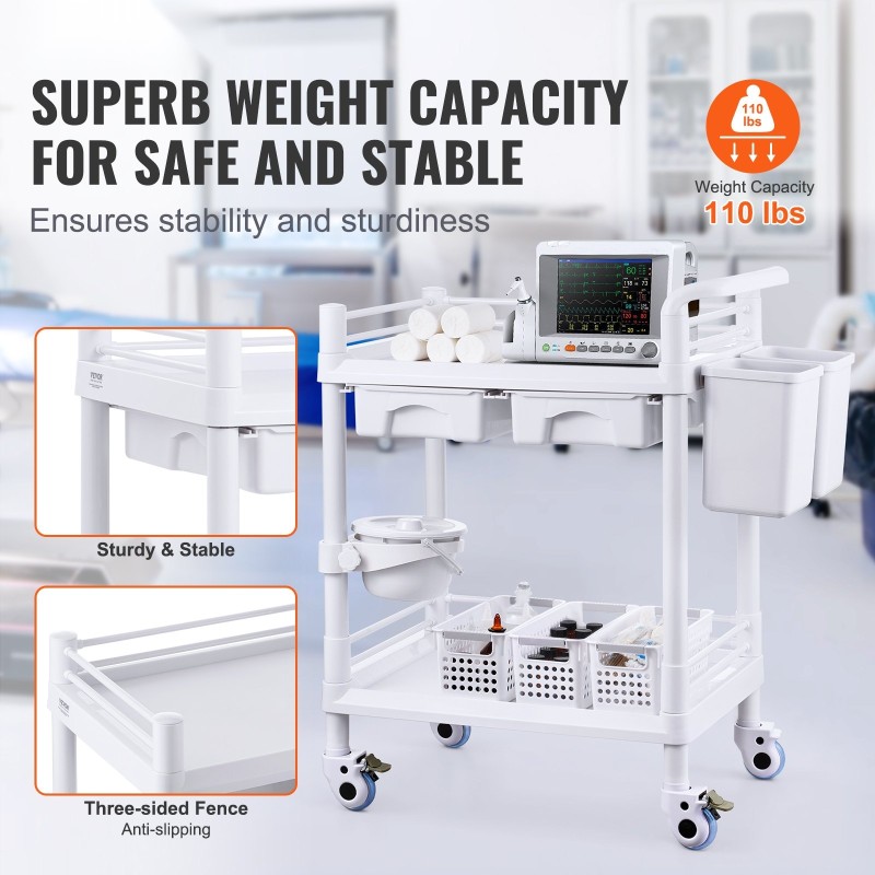 Kaksitasoinen laboratoriovaunu PP-materiaalia 2 tarjotinta 2 laatikkoa 4 pyörää 3 roskasäiliötä