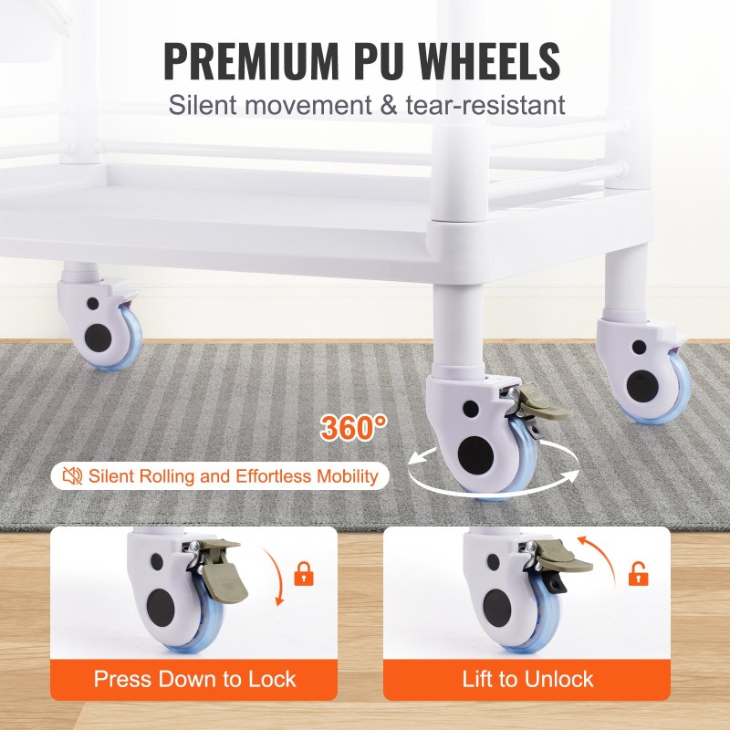 Kaksitasoinen laboratoriovaunu PP-materiaalia 2 tarjotinta 2 laatikkoa 4 pyörää 3 roskasäiliötä