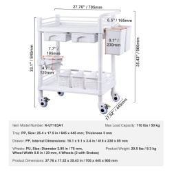 Kaksitasoinen laboratoriovaunu PP-materiaalia 2 tarjotinta 2 laatikkoa 4 pyörää 3 roskasäiliötä