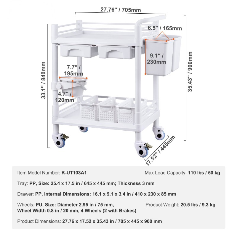 Kaksitasoinen laboratoriovaunu PP-materiaalia 2 tarjotinta 2 laatikkoa 4 pyörää 3 roskasäiliötä