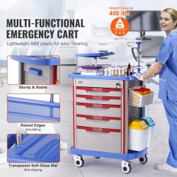 Laboratoriovaunu PP-muovia viidellä vetolaatikolla neljällä hiljaisella pyörällä kaksi roska-astiaa