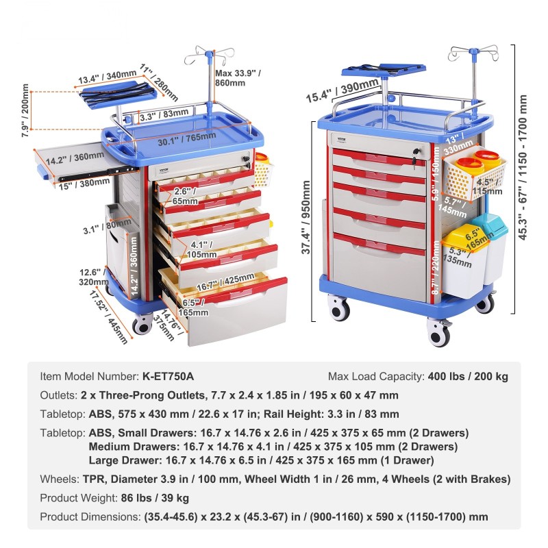 Laboratoriovaunu PP-muovia viidellä vetolaatikolla neljällä hiljaisella pyörällä kaksi roska-astiaa