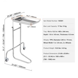 Laboratoriovaunu ruostumatonta terästä yksi tarjotin kaksi hiljaista pyörää säädettävä korkeus laboratorioihin