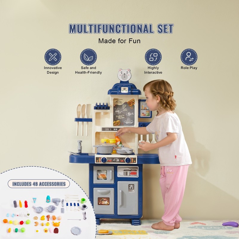 Leikkikeittiö PP-muovia sininen 47x24x78 cm 48 osaa 3–5 vuotta