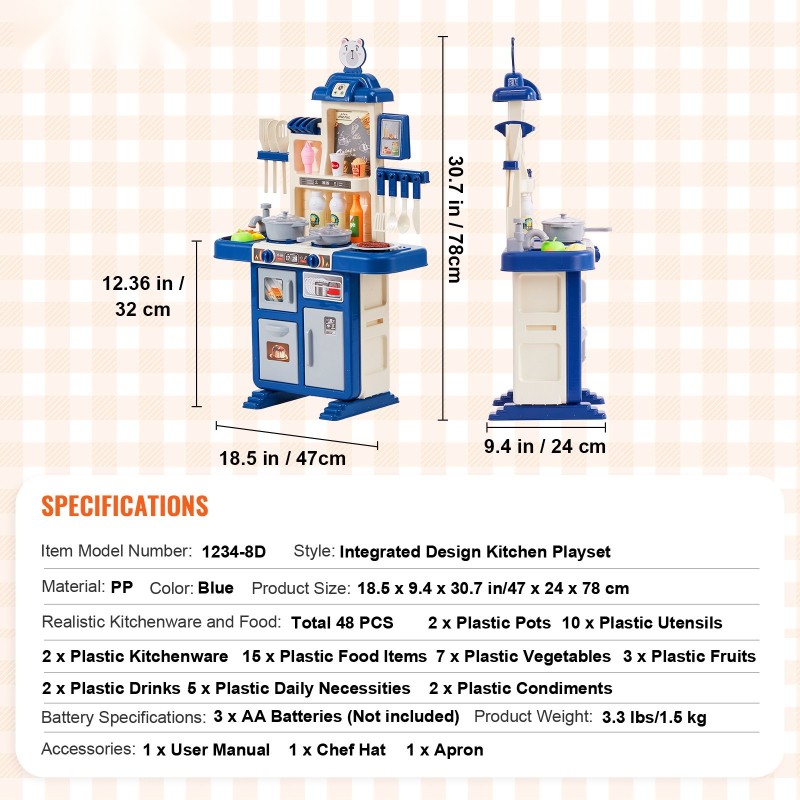 Leikkikeittiö PP-muovia sininen 47x24x78 cm 48 osaa 3–5 vuotta