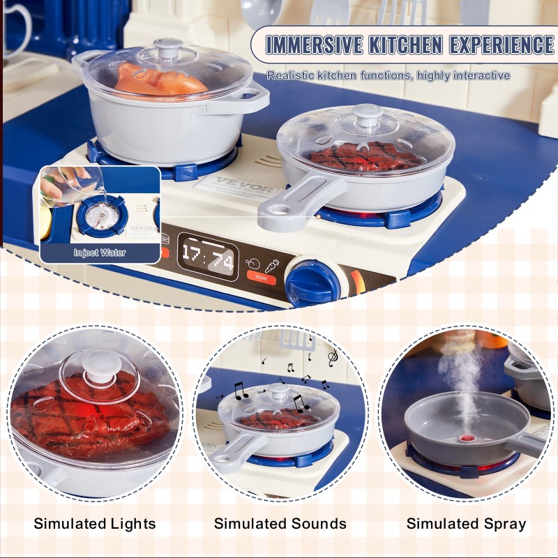 Leikkikeittiö PP-muovista kolmiosainen moduulirakenne äänillä ja valoilla 74 osaa sininen