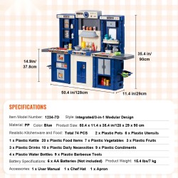 Leikkikeittiö PP-muovista kolmiosainen moduulirakenne äänillä ja valoilla 74 osaa sininen