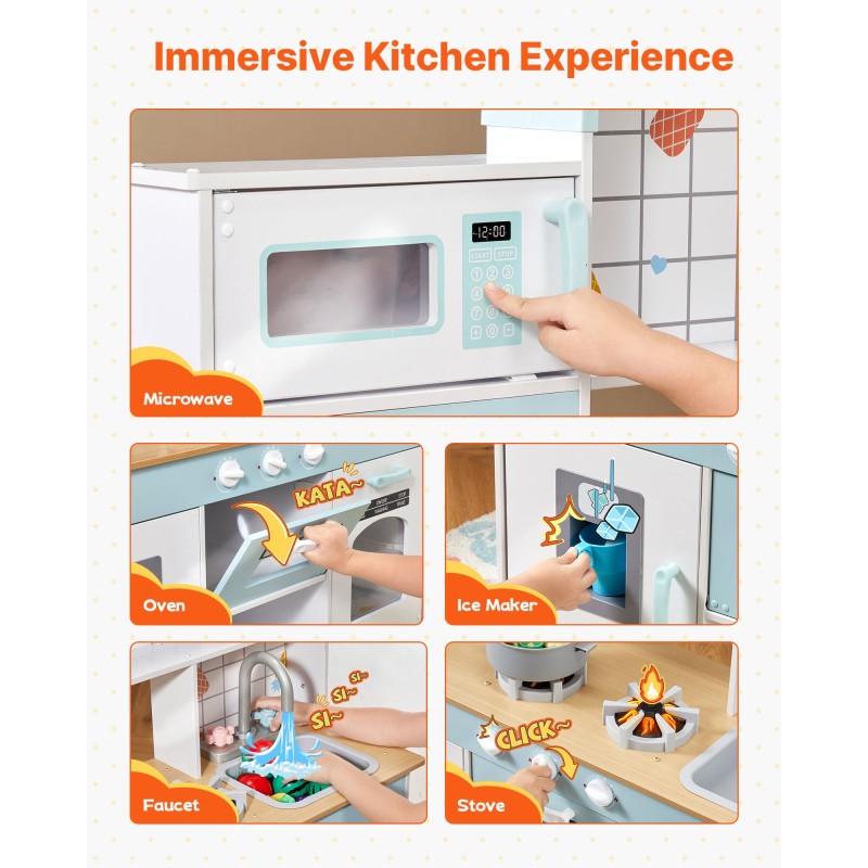 Puinen valkoinen leikkikeittiö valoilla ja äänillä 24-osaisella tarvikekokonaisuudella