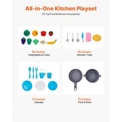 Puinen leikkikeittiö vaaleanpunainen valoilla ja äänillä 24-osainen tarvikesetti