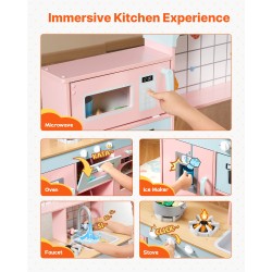 Puinen leikkikeittiö vaaleanpunainen valoilla ja äänillä 24-osainen tarvikesetti