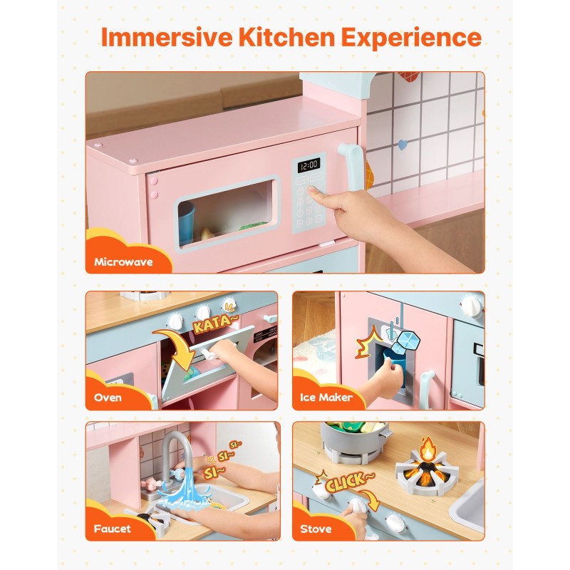 Puinen leikkikeittiö vaaleanpunainen valoilla ja äänillä 24-osainen tarvikesetti