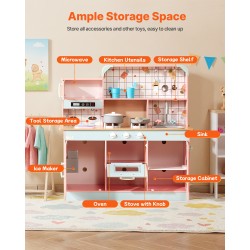 Puinen leikkikeittiö vaaleanpunainen valoilla ja äänillä 24-osainen tarvikesetti