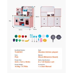 Puinen leikkikeittiö vaaleanpunainen valoilla ja äänillä 24-osainen tarvikesetti