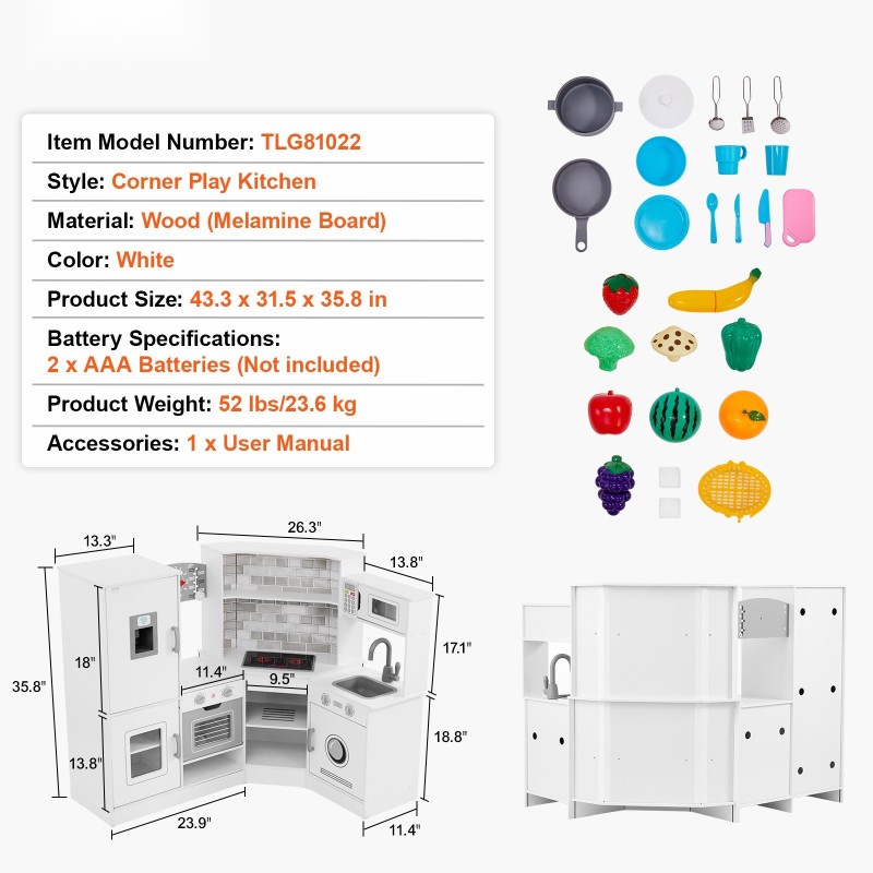 Puinen kulmakeittiö leikkisetti valkoinen valot ja äänet 3–8-vuotiaille