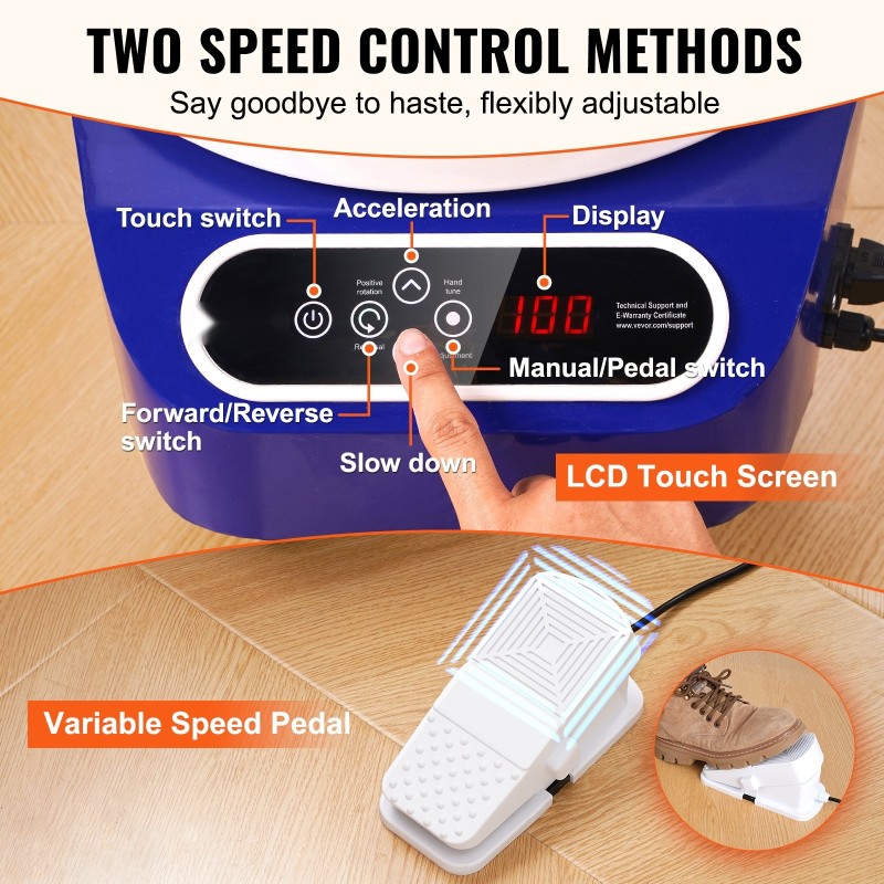 Savenvalantakone 350W suoravetoinen 10-tuumainen työlautanen LCD-kosketusnäyttö jalkapoljin kolme tukijalkaa sininen