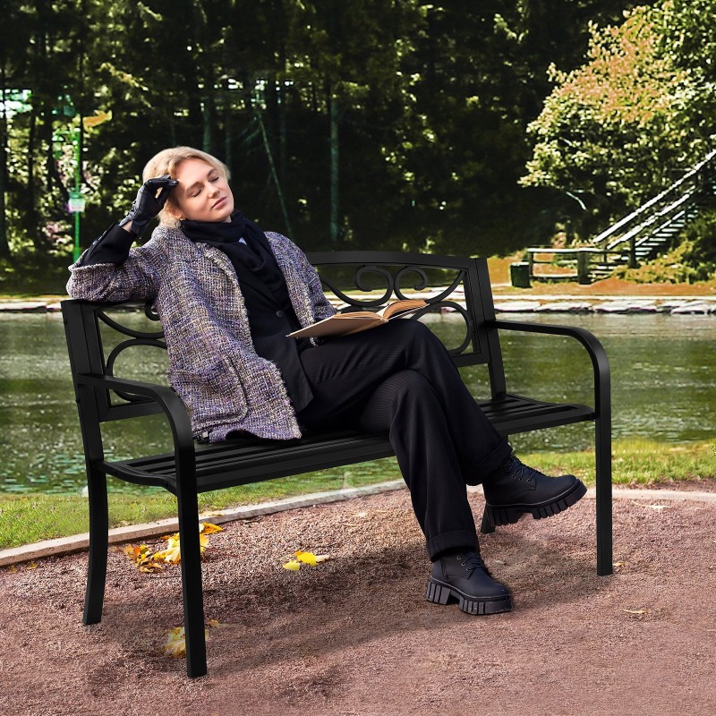 Metallinen puutarhapenkki 127 cm 250 kg kantavuus selkänojalla ja käsinojilla puutarhaan