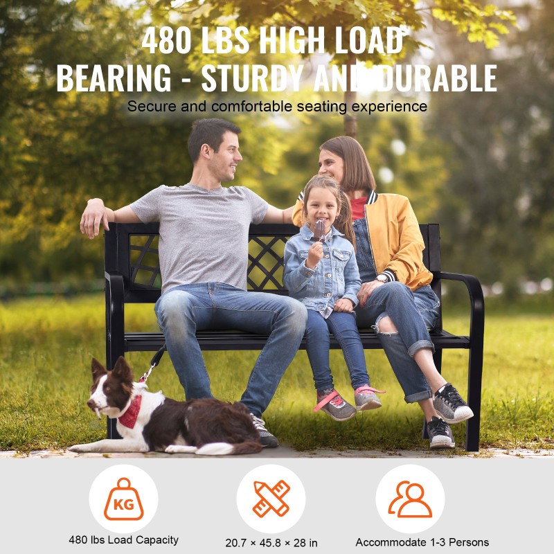 Metallinen puutarhapenkki 117 cm 1–3 henkilölle 218 kg kantavuus selkänoja ulkokäyttöön