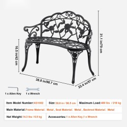 Metallinen ulkopenkki 98,5 cm leveä 218 kg kantavuus selkänojalla ja käsinojilla