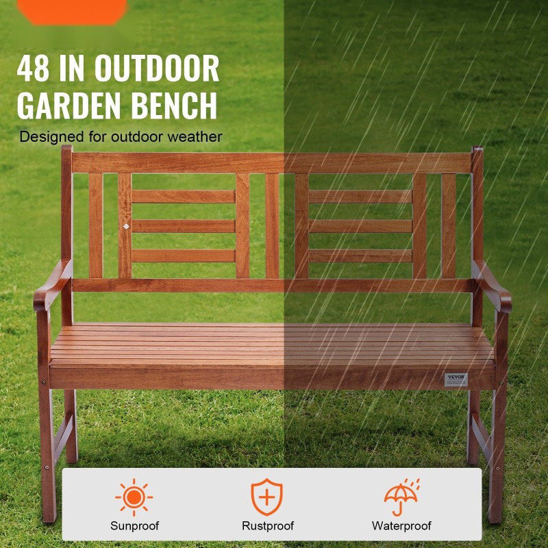 Puupenkki ulkokäyttöön 122 cm 1–3 henkilölle 318 kg kantavuus selkänojalla ja käsinojilla