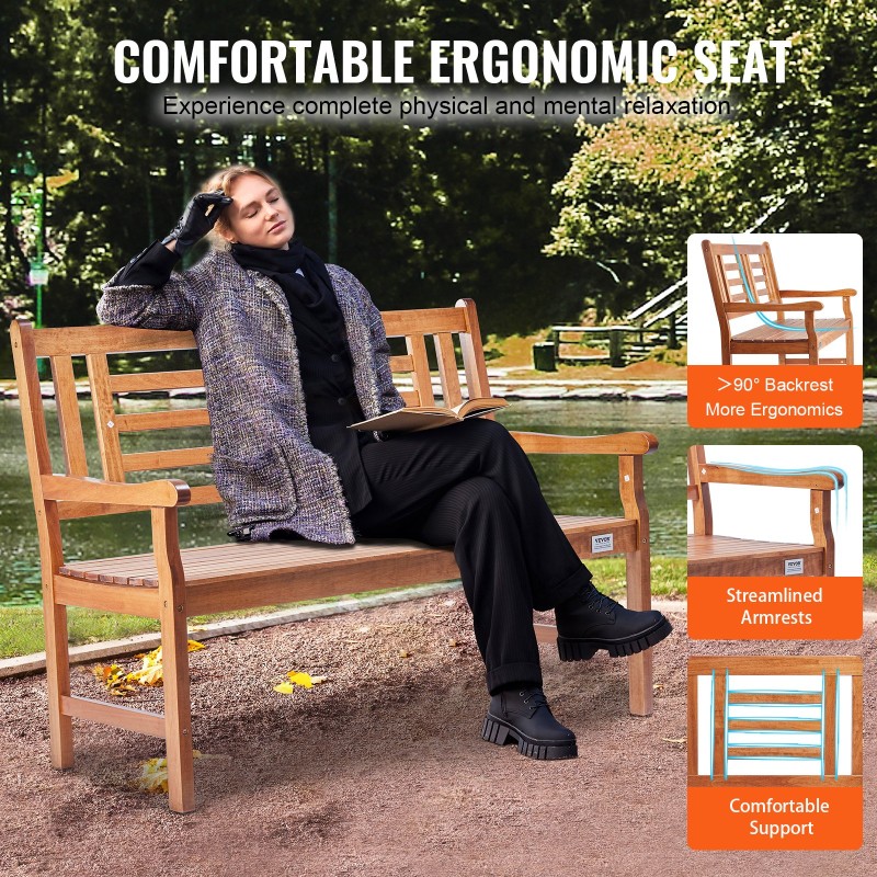 Puupenkki ulkokäyttöön 122 cm 1–3 henkilölle 318 kg kantavuus selkänojalla ja käsinojilla