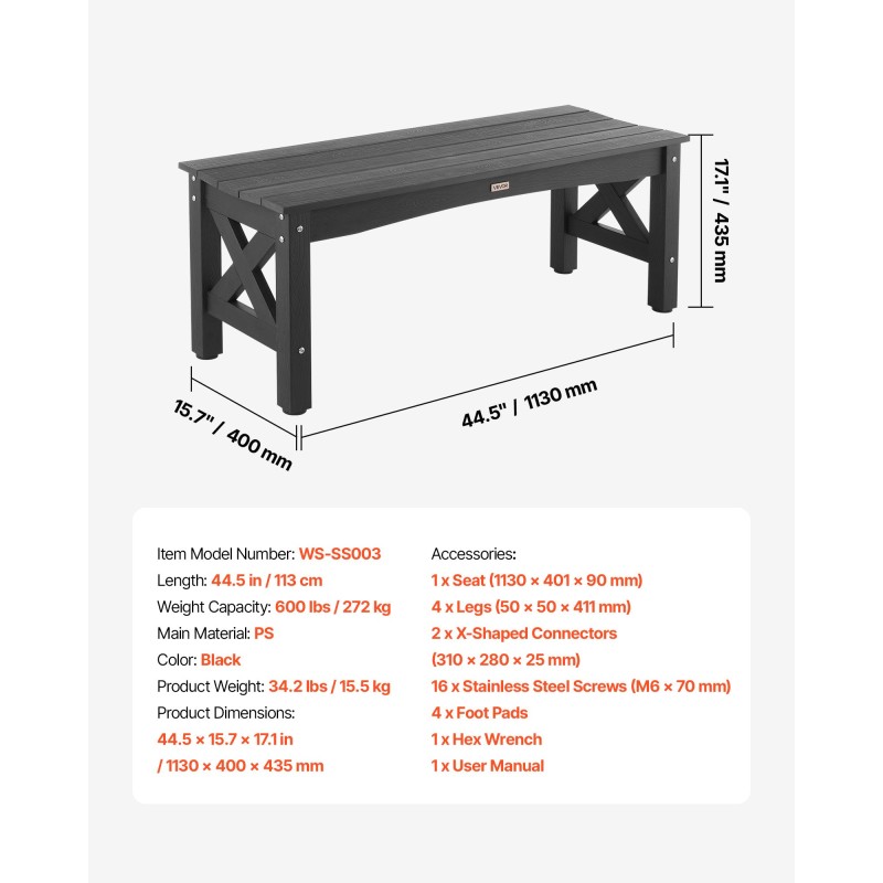 Ulkopenkki 113 cm säänkestävä PS-muovi kantavuus 272 kg säädettävät jalkatassut musta
