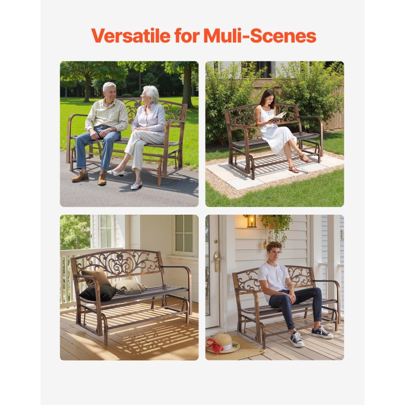 Keinuva puutarhapenkki 127 cm hiiliteräs runko valurautainen selkänoja 2–3 henkilölle antiikkipronssi